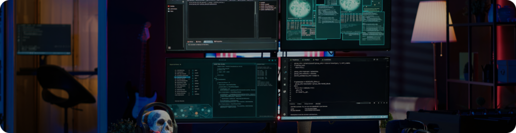 Cybersecurity analyst coding multiple screens