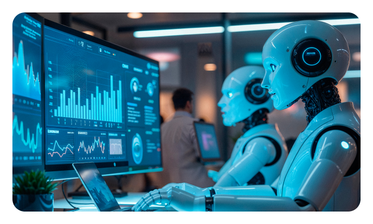 Robots analyzing data on computer screens